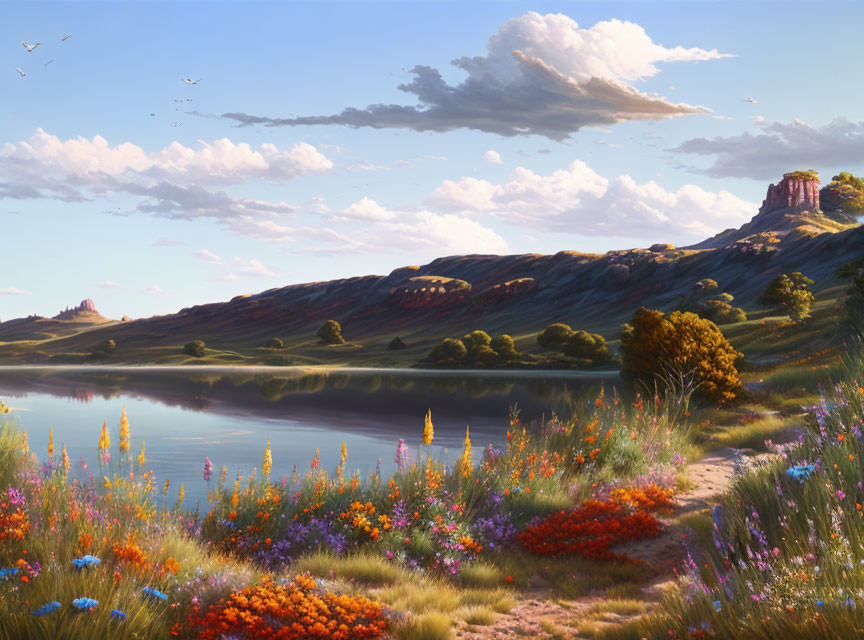 Tranquil lake scene with wildflowers and rolling hills