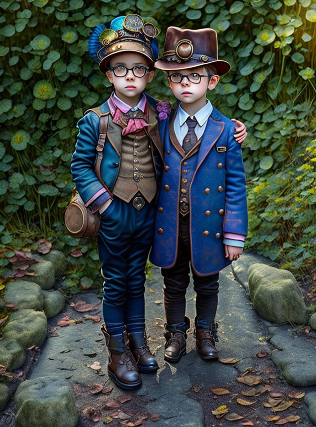 Steampunk Attired Children on Garden Path