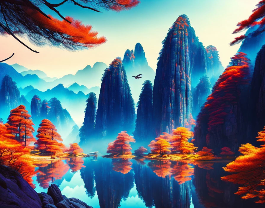 Scenic autumn landscape with karst peaks, red foliage, and flying bird.