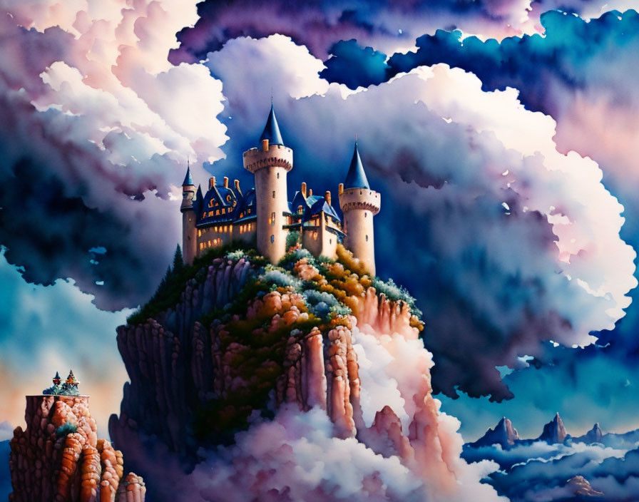 Fantastical castle on steep cliffs in dreamlike landscape