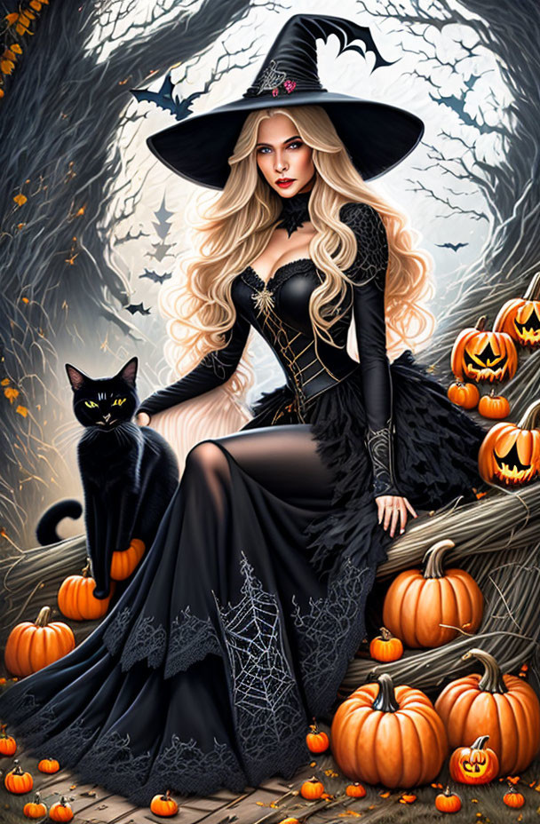 Witch in black dress with cat in spooky forest setting