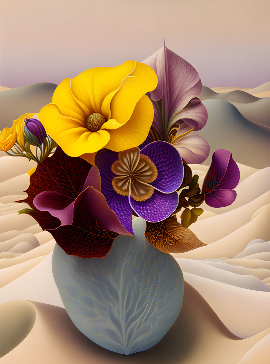 Vibrantly colored flowers in a digital art vase against pastel desert backdrop