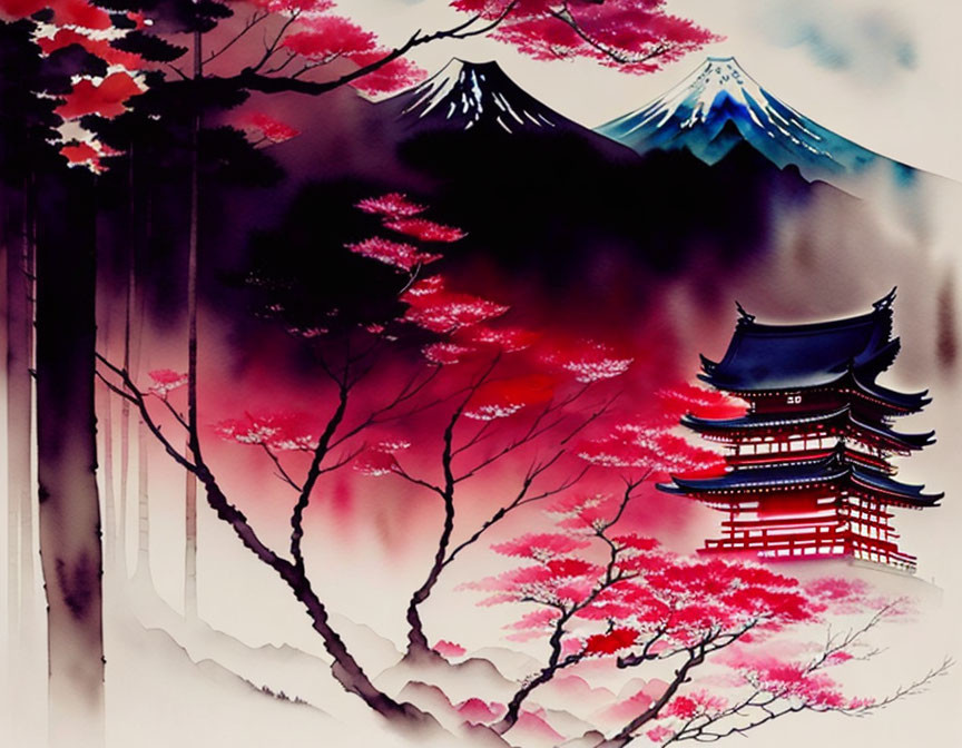 Traditional Japanese scene with cherry blossoms, pagoda, and Mt. Fuji.