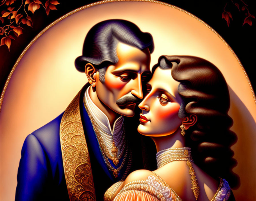 Illustration: Elegant couple in traditional attire, man whispering to woman with curly hair.