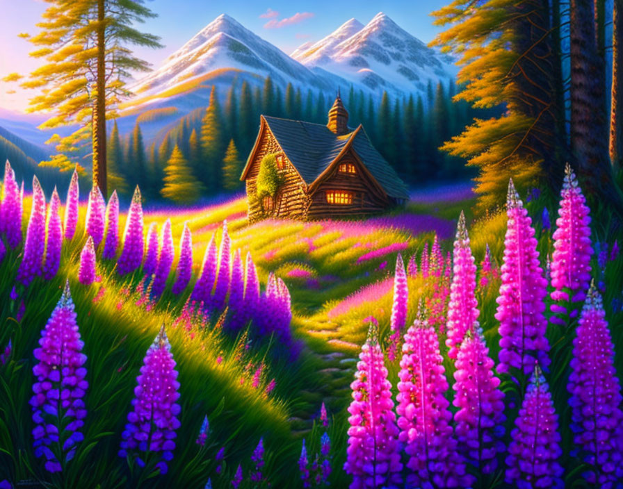 Scenic painting of wooden cabin, lupin flowers, pine trees, and mountains at sunset