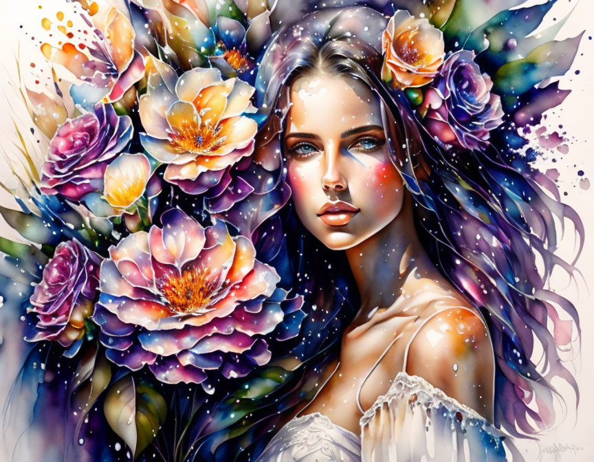 Vibrant portrait of a woman with floral watercolor elements