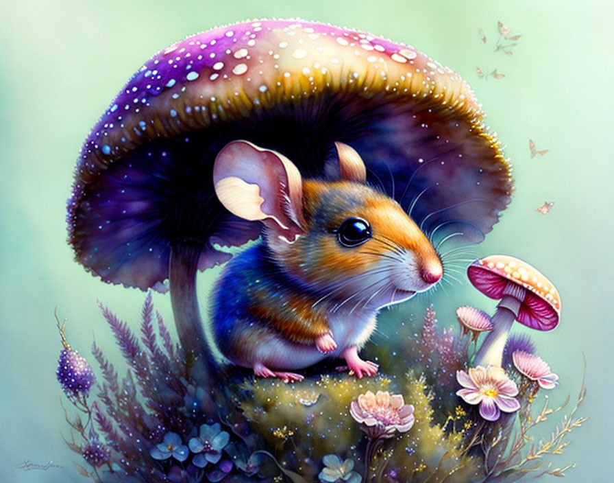 Colorful Fantasy Illustration of Mouse Under Mushroom