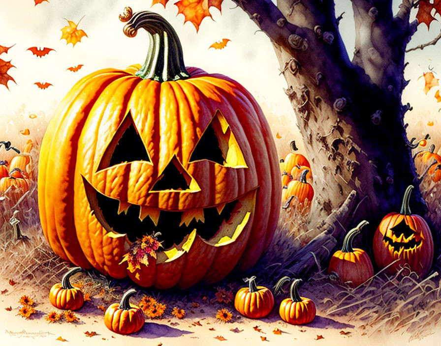 Detailed Illustration of Sinister Pumpkin & Autumn Scene