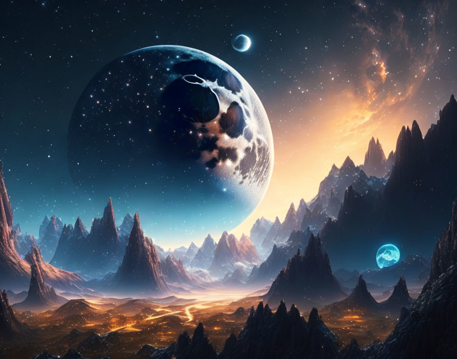 Fantastical landscape with jagged mountains and celestial bodies