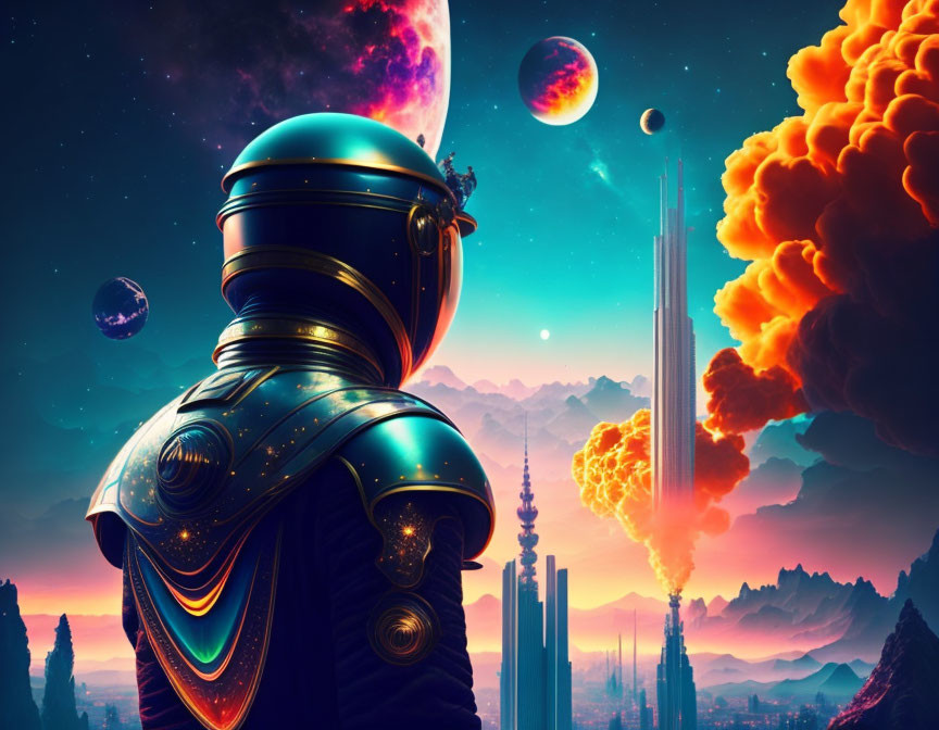 Futuristic knight in ornate armor on vibrant alien landscape