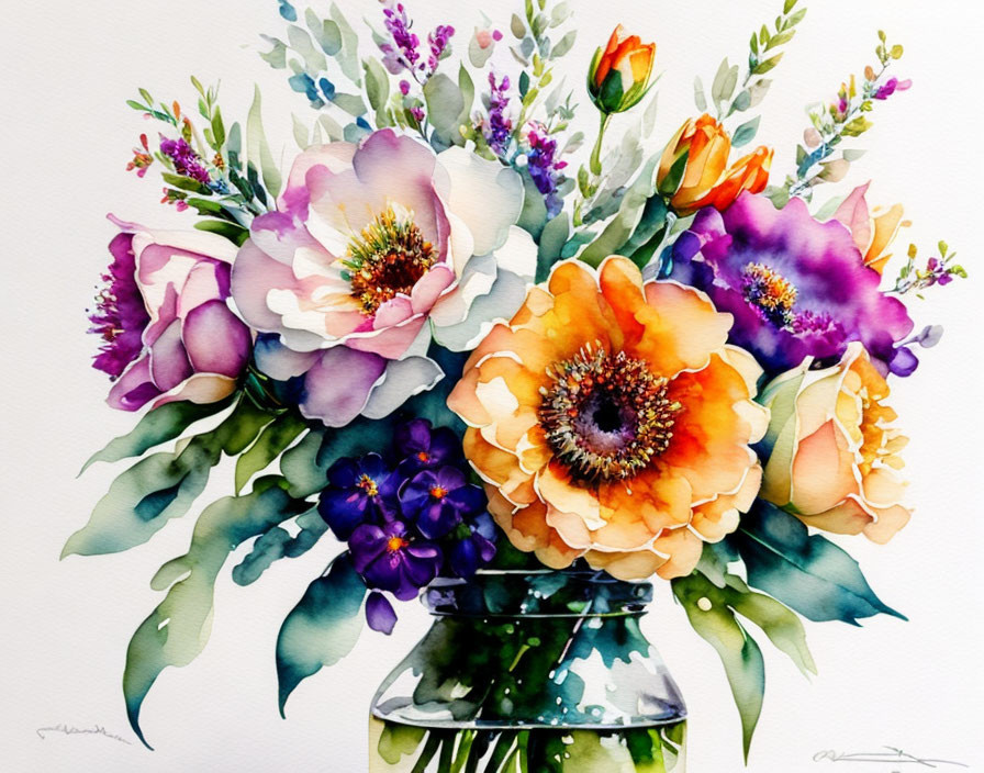 Colorful Watercolor Painting of Mixed Flower Bouquet in Glass Jar