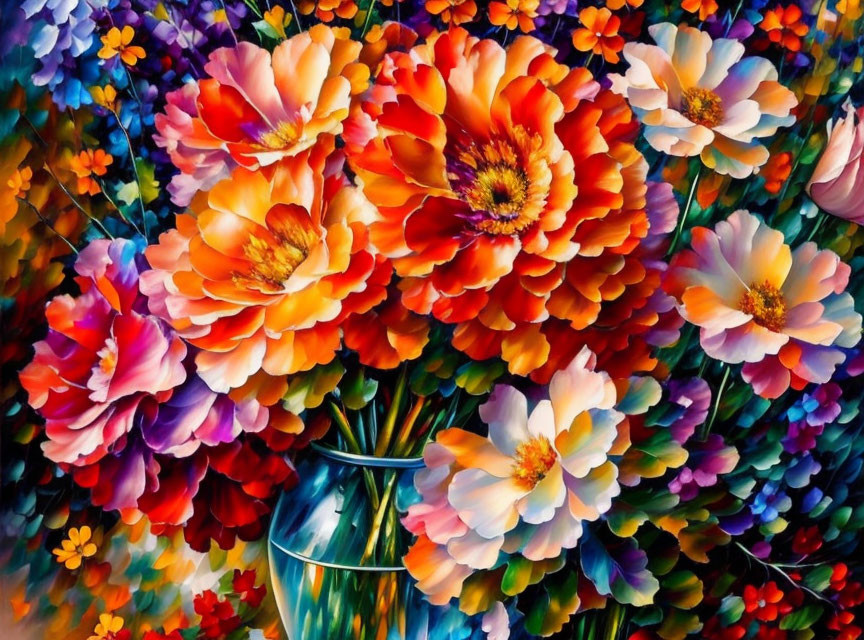 Colorful Flower Painting with Blue Vase on Floral Background