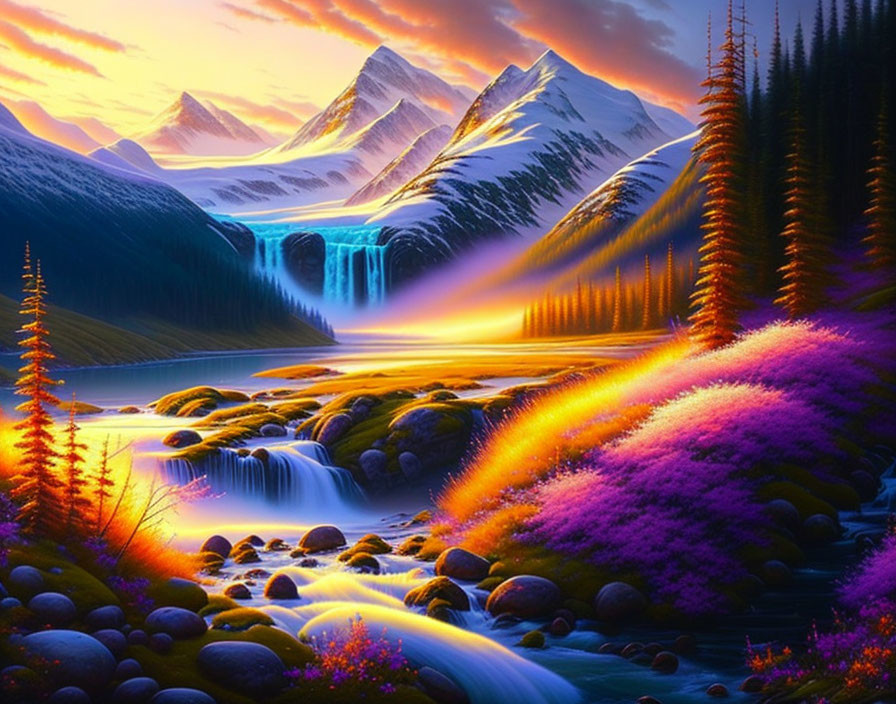 Scenic landscape with river, waterfalls, pine trees, purple foliage, and mountains at sunset