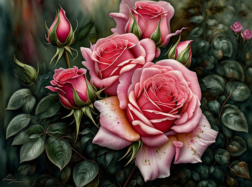 Detailed pink roses painting with rich green leaves.