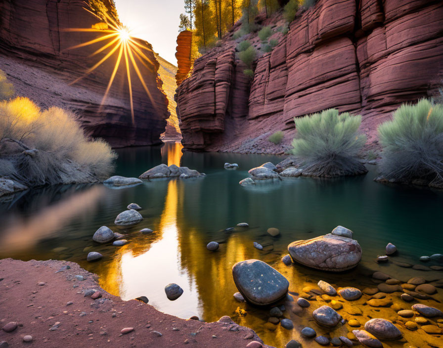 Sunburst lighting up a narrow canyon, showcasing river and vibrant shrubs on layered rocks.