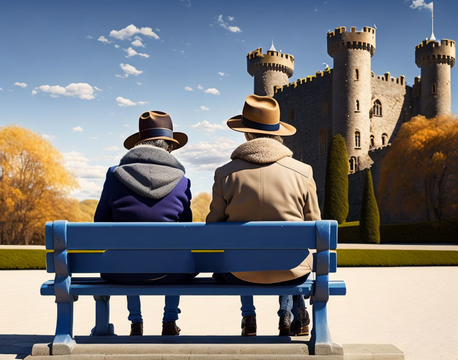 Two individuals in hats on bench near castle in autumn setting