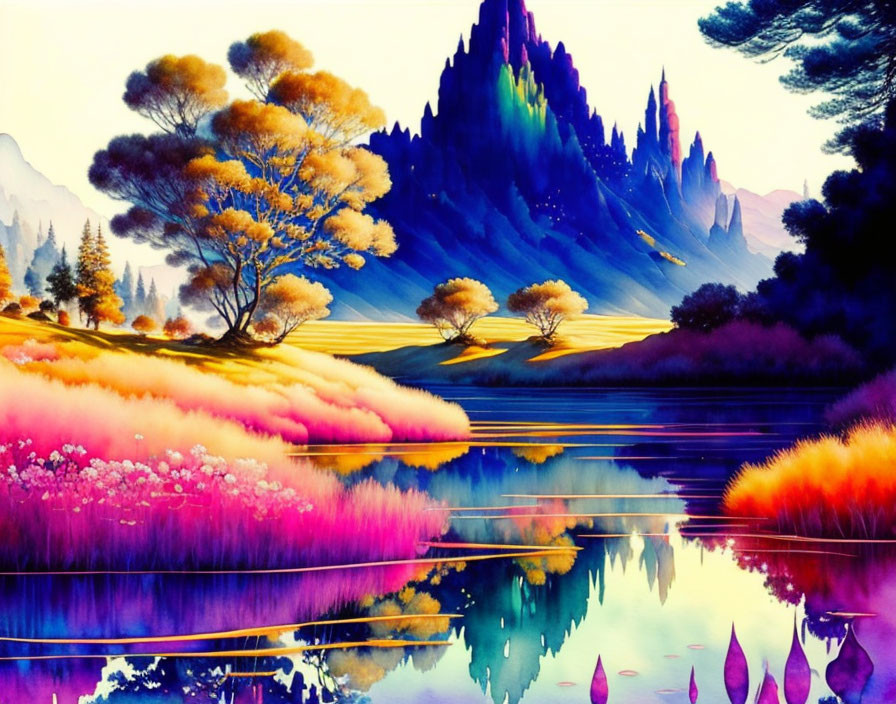 Colorful landscape painting: reflective lake, vibrant flora, rolling hills, purple mountains, yellow sky