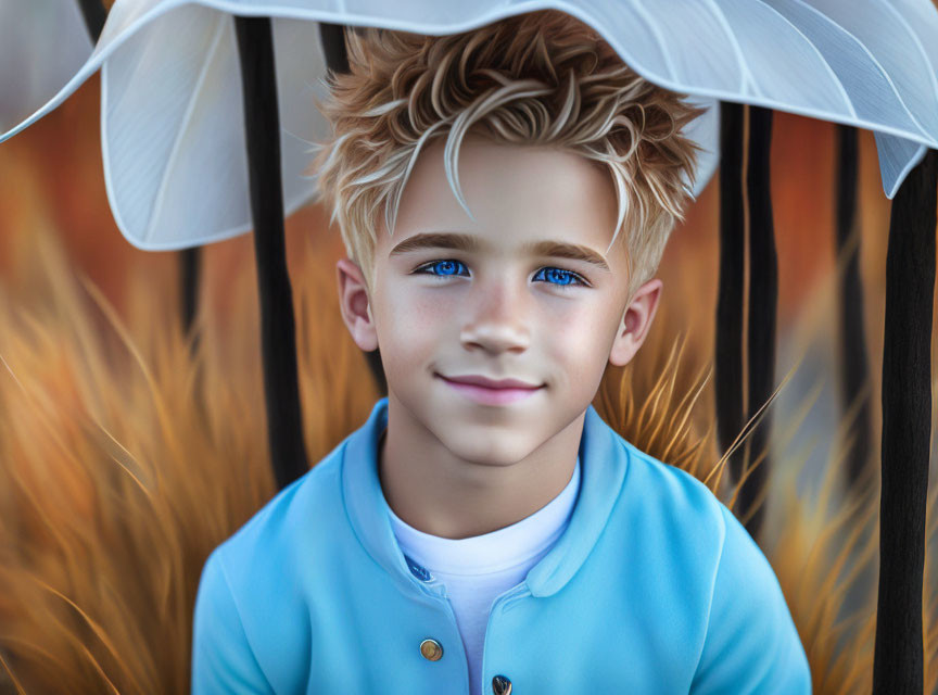 Blond boy with blue eyes smiling under white umbrella in golden foliage