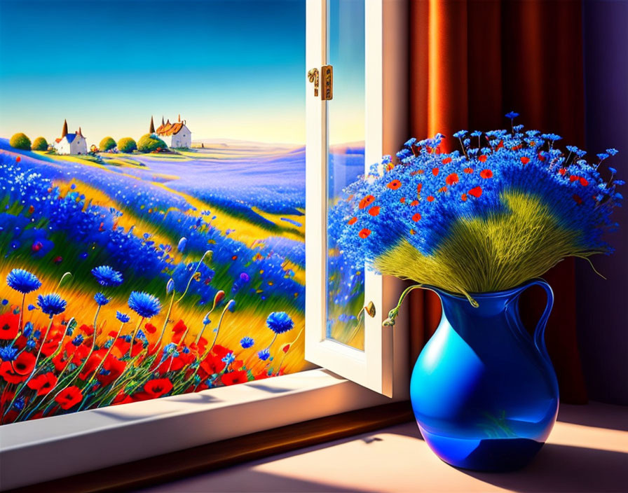 Colorful digital artwork: Blue vase, red and blue flowers, windowsill, landscape.