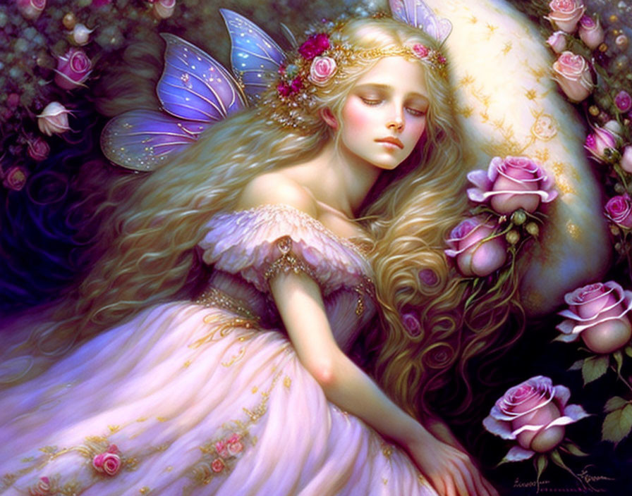 Illustration of blonde fairy with butterfly wings in pink dress and floral crown among roses