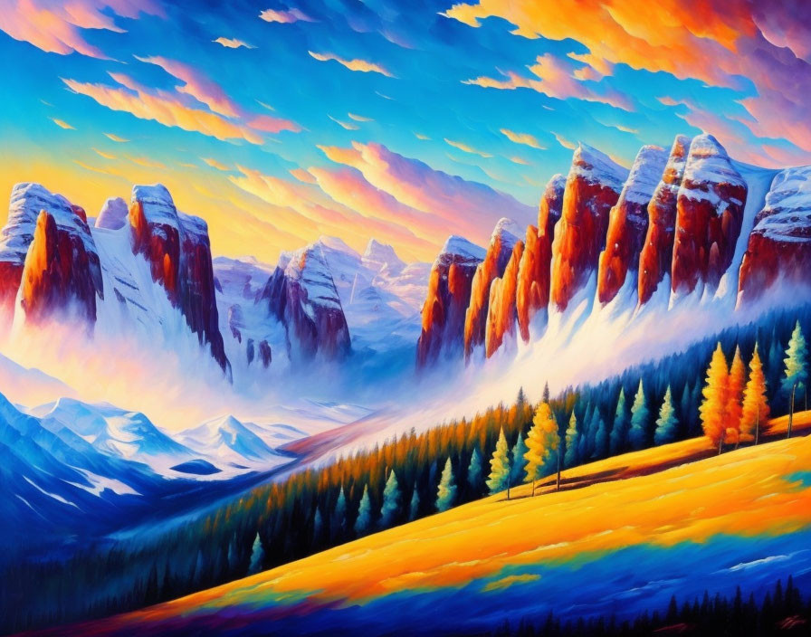 Scenic painting of mountain range under dramatic sunset.