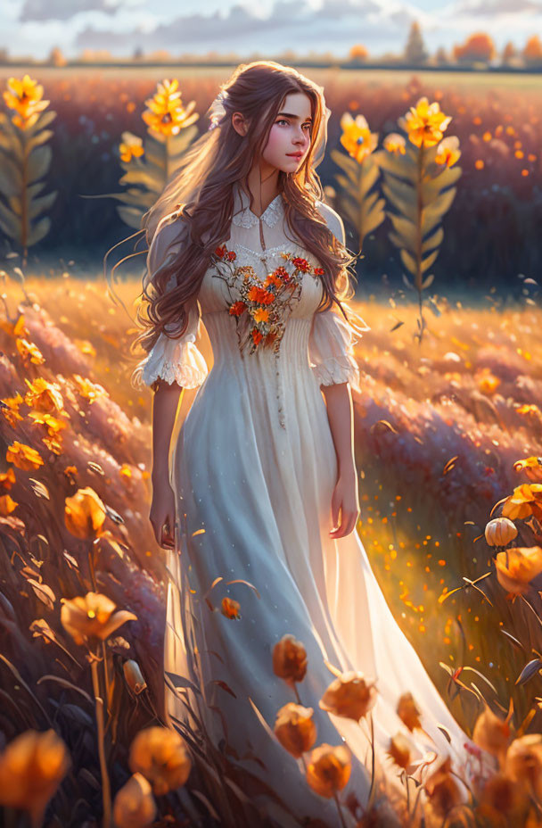 Woman in white dress standing in golden field with orange flowers and bouquet, bathed in sunlight