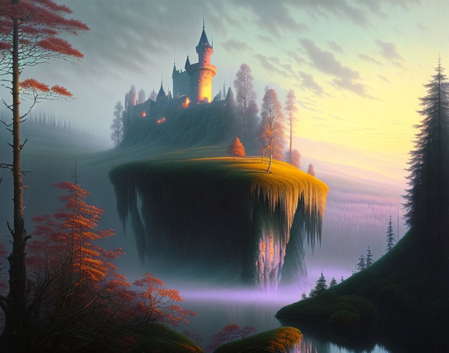 Enchanted castle on mystical floating island in autumn scene