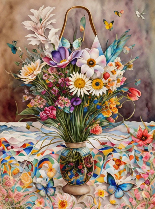 Colorful Flower Bouquet Painting with Butterflies on Floral Background