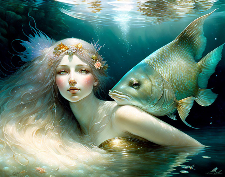 Woman with flowing hair and flowers underwater with large fish in serene marine scene