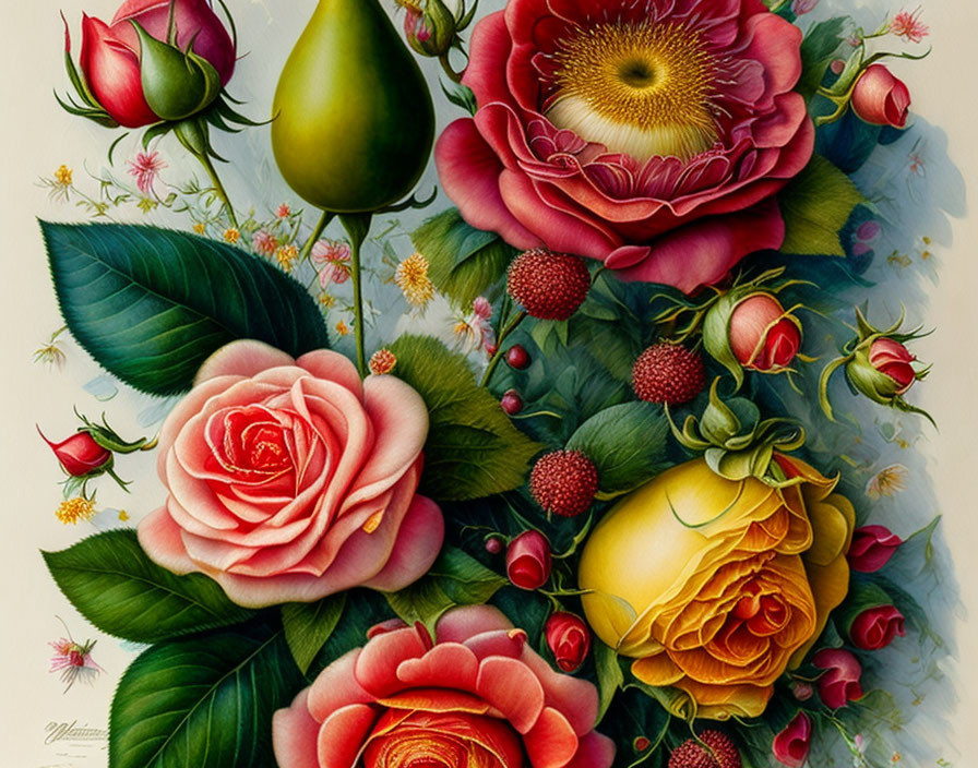 Colorful Floral and Fruit Illustration with Roses, Berries, and Pear