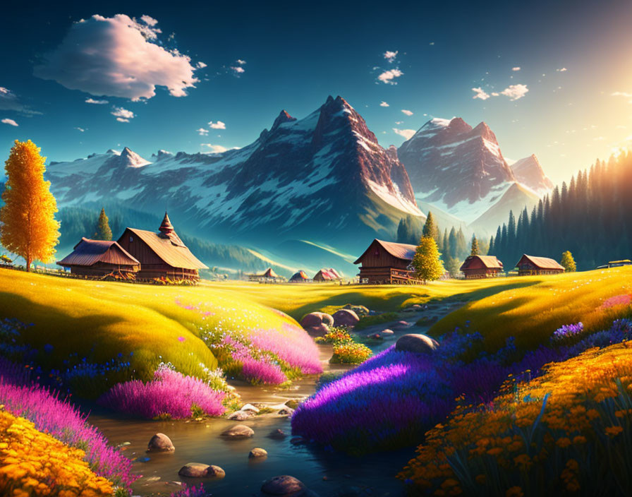 Colorful Flowers and Wooden Houses in Lush Meadow with Majestic Mountains