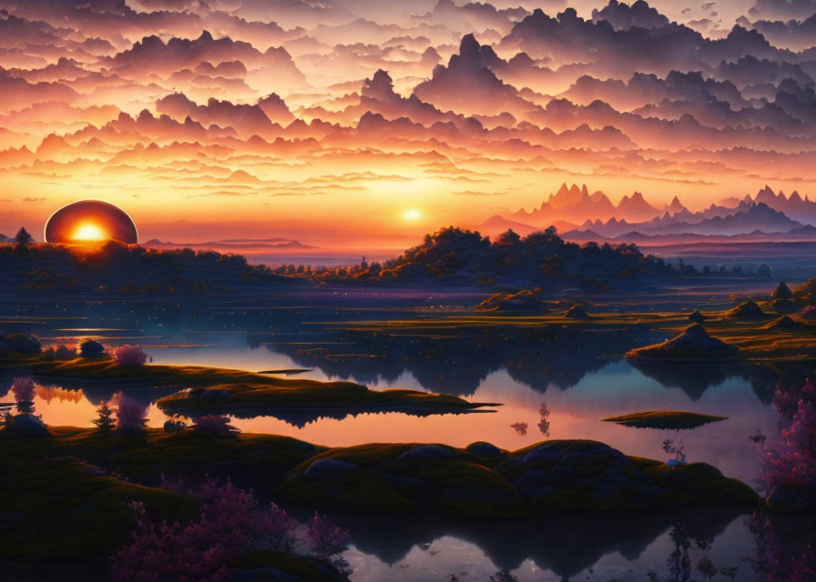 Vibrant sunset landscape with purple clouds, reflective waters, and futuristic dome.