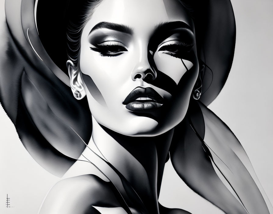 Stylized monochrome portrait of a confident woman with dramatic makeup