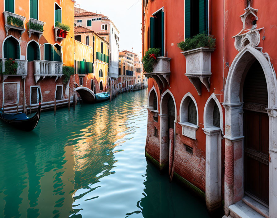 Venice Canal with Gondolas and Orange Buildings