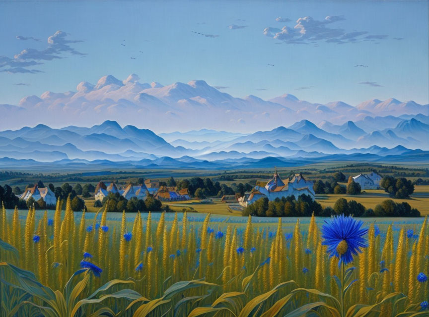 Sunflower Field Painting: Rural Landscape with Mountains