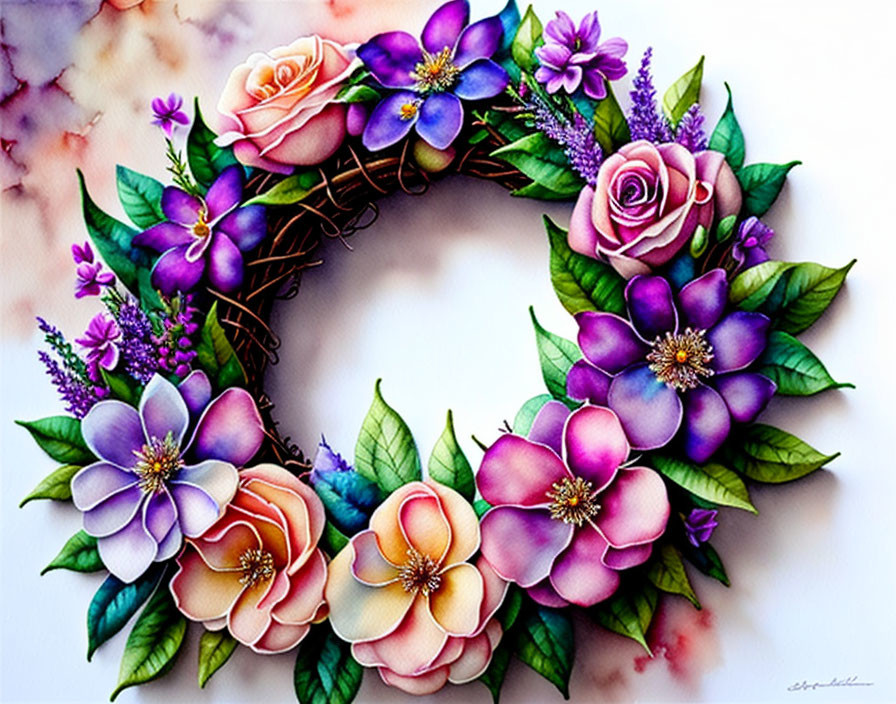 Vibrant floral wreath with roses and irises in purple, pink, and cream on light