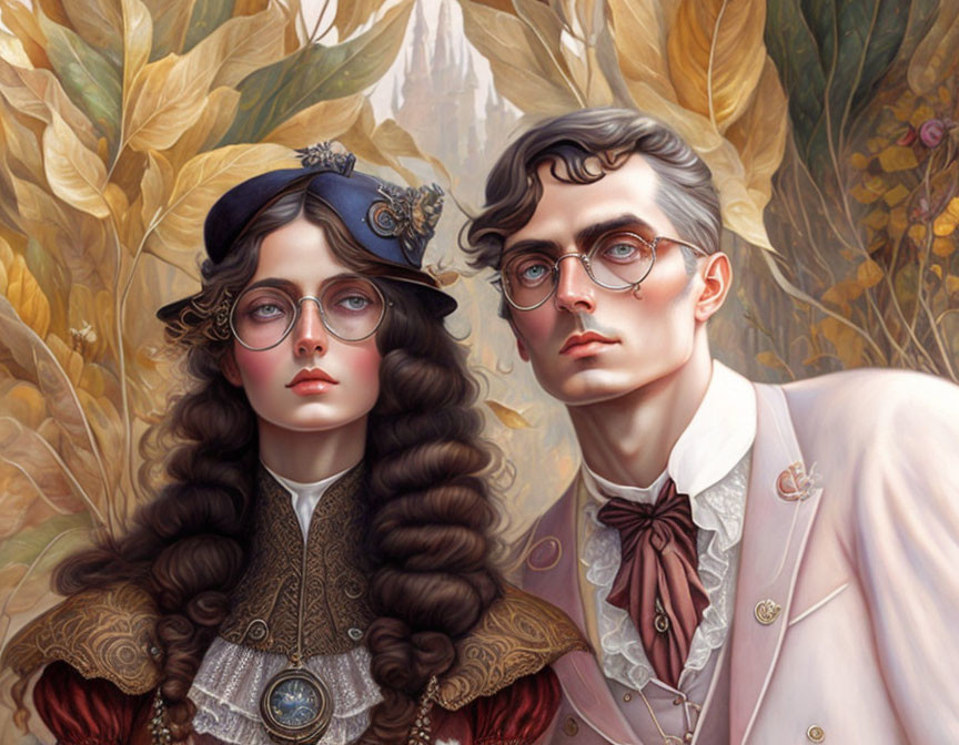 Man and woman in vintage attire with hats and glasses in autumn leaf setting