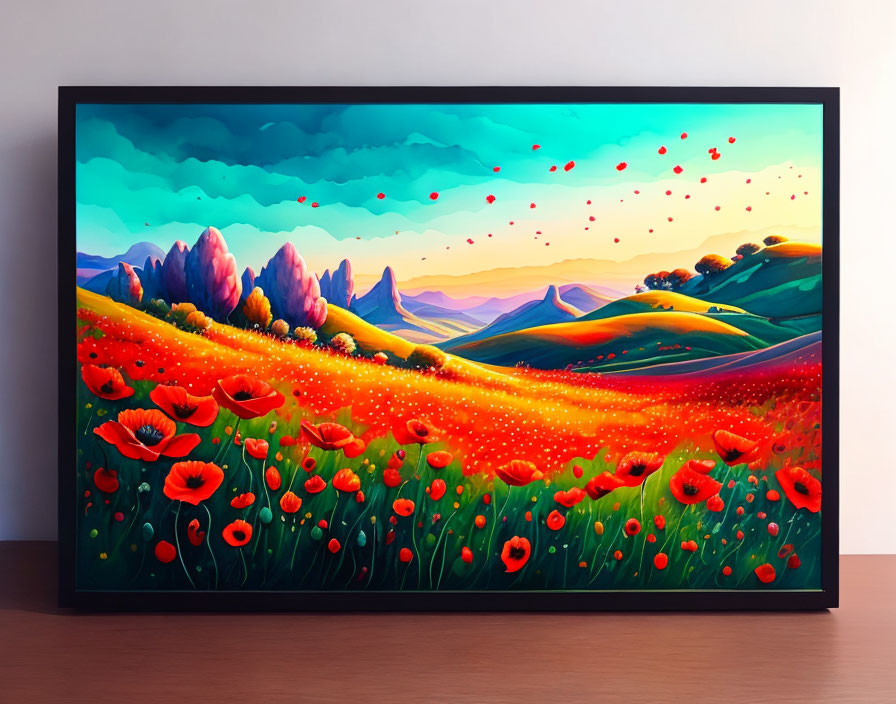 Colorful landscape painting with poppies, green hills, purple trees, and red balloons in a room