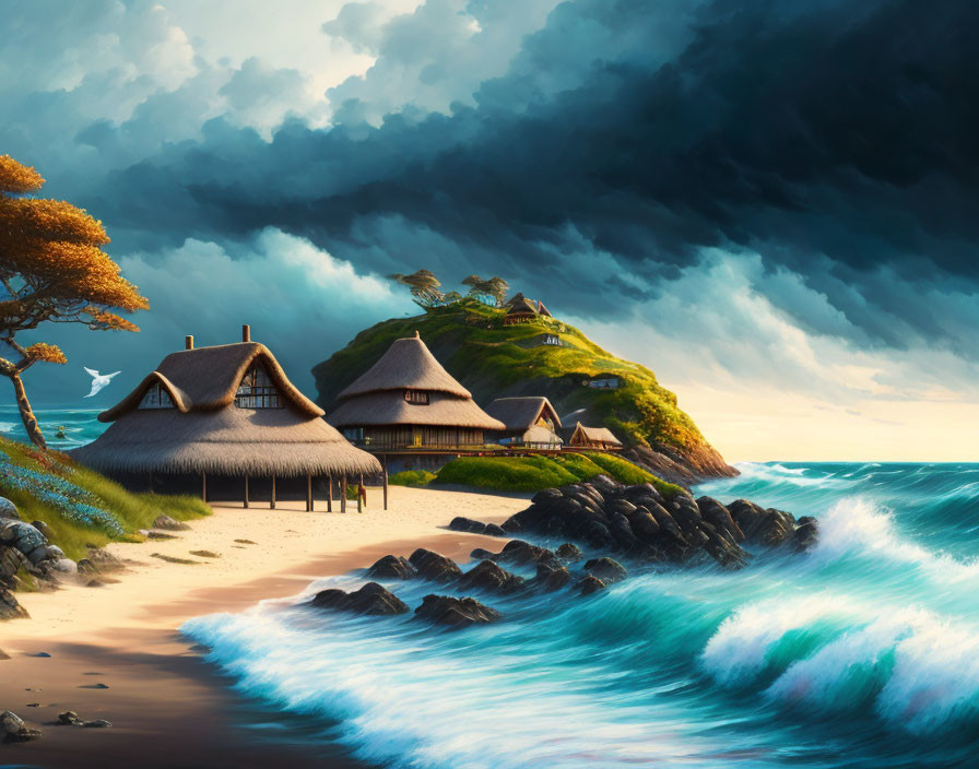 Thatched huts on rocky beach under stormy sky