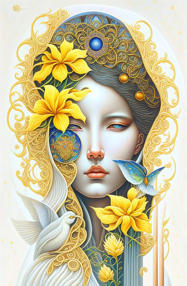 Illustrated portrait of woman with golden hair and flowers, intricate patterns, and white bird.