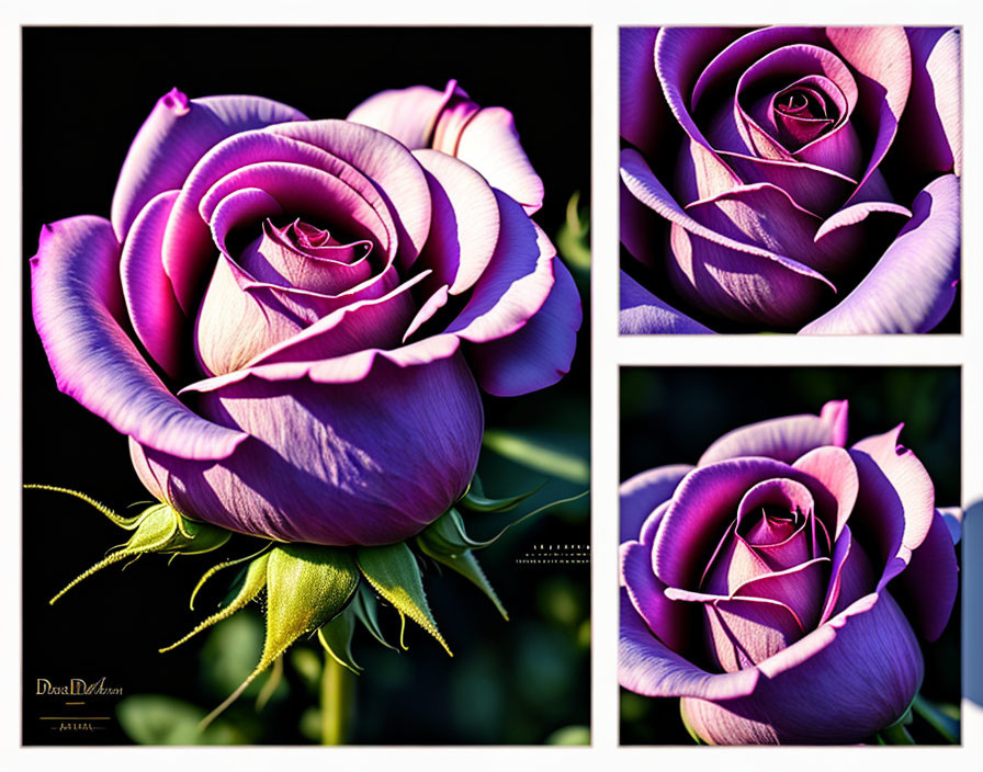 Purple Rose Triptych: Various Angles and Stages of Bloom