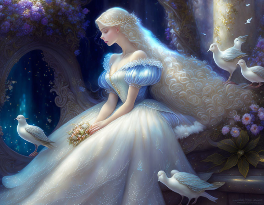 Illustration: Woman in blue gown with doves and mystical archway.