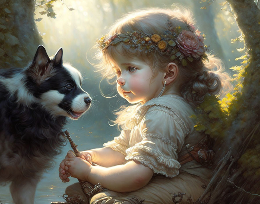 Young girl with floral headband and dog in enchanted forest scene