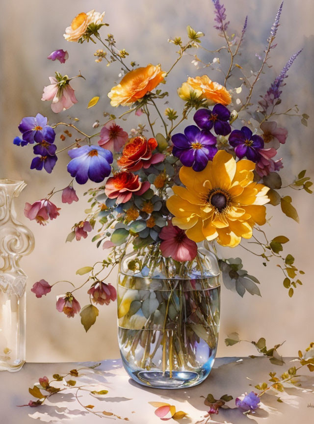 Assorted flowers bouquet in glass vase with scattered petals and candle holder