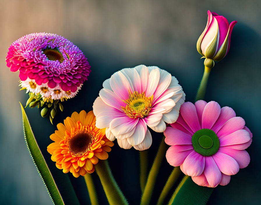 Colorful Vibrant Flowers in Pink, White, Orange, and Purple on Blurred Background