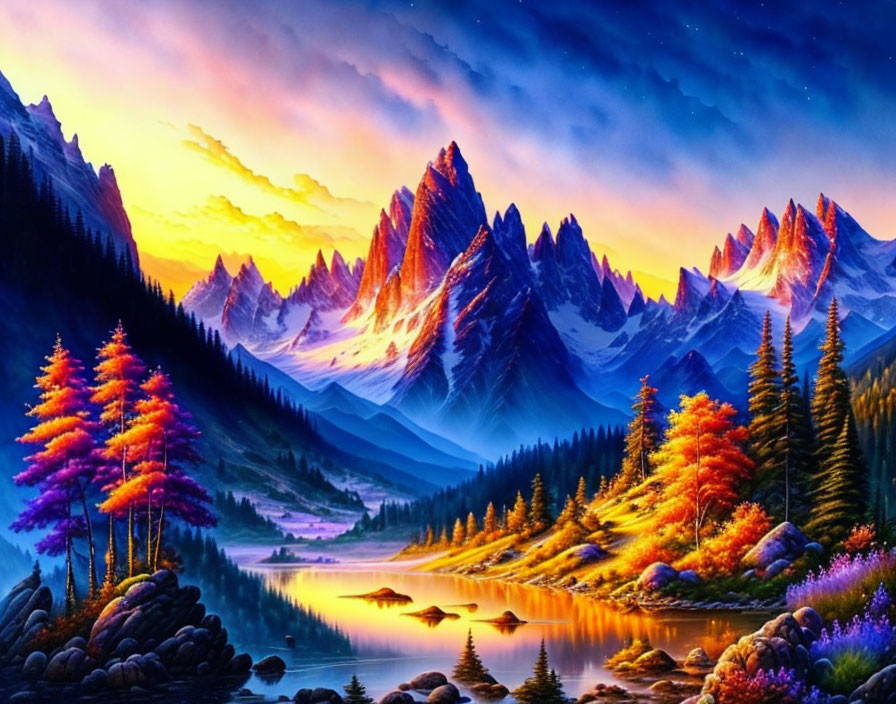 Colorful Digital Artwork: Mountain Landscape at Sunset