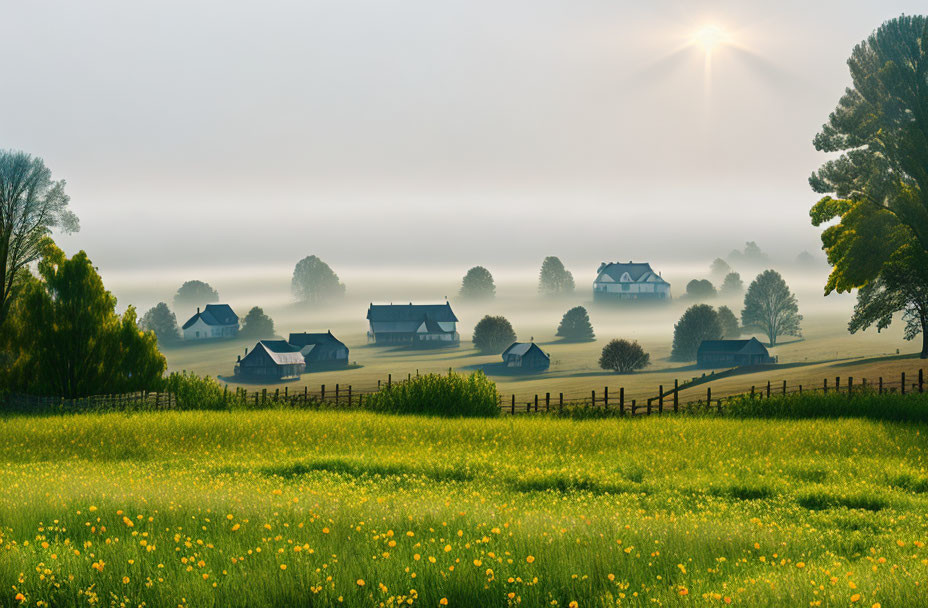 Tranquil sunrise landscape with mist, green fields, wildflowers, and traditional houses