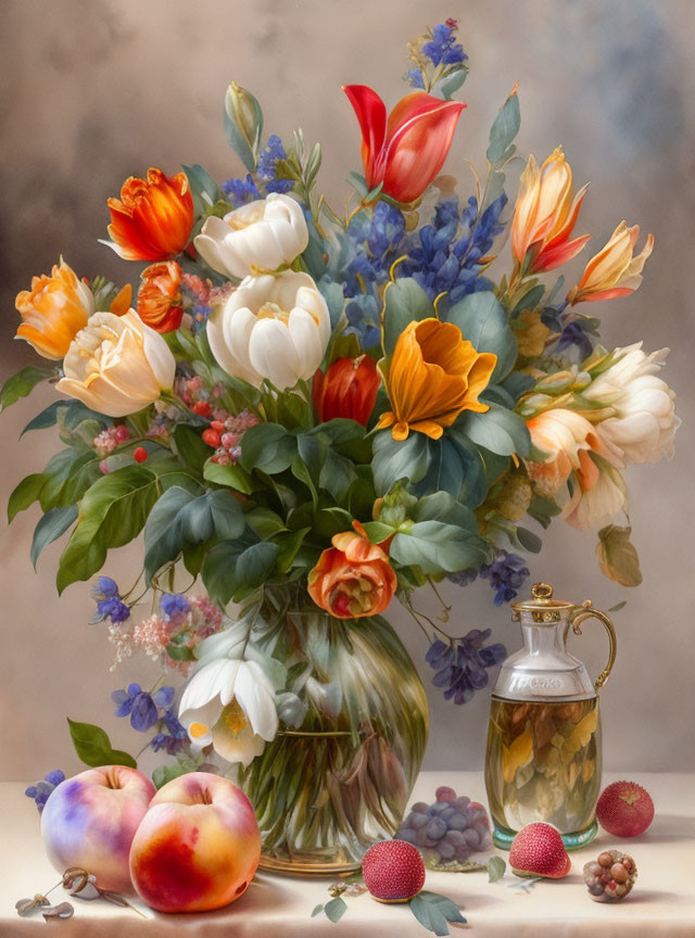 Colorful Still-Life Painting with Flowers, Peaches, Berries, and Perfume Bottle