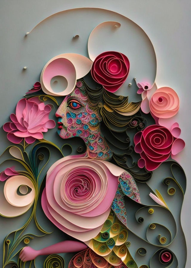 Woman's profile with floral patterns in pink, red, and green swirls