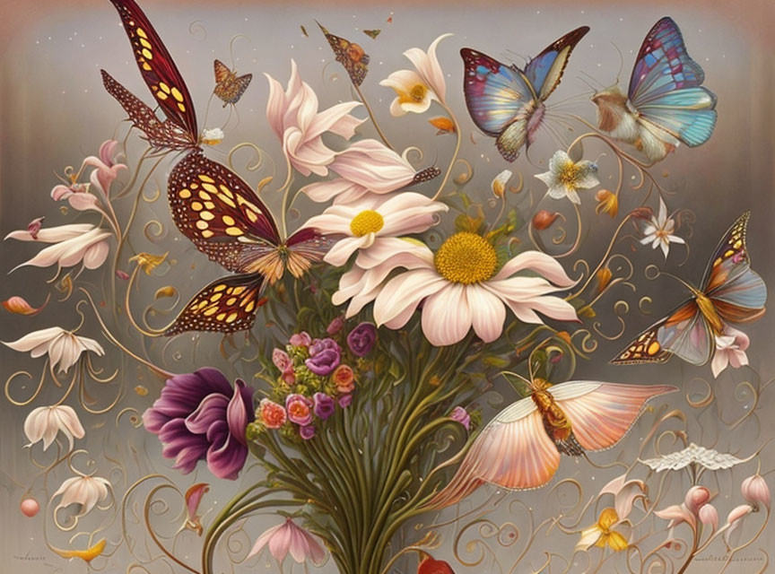 Colorful Butterflies and Flowers Painting on Brown Background